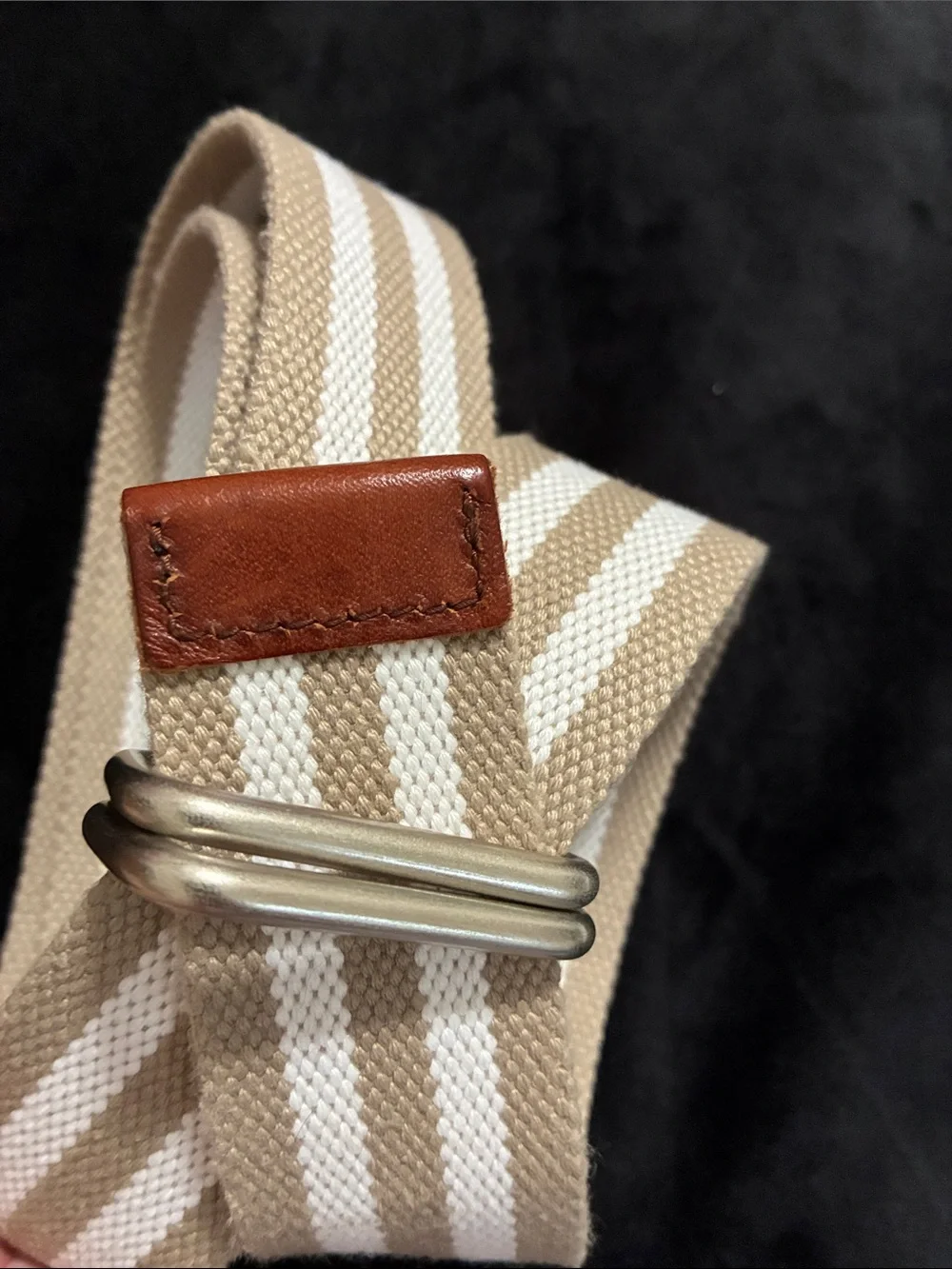 Canvas Double D-Ring Belt Khaki White Striped Woven 45” x 1.5” Leather Trim